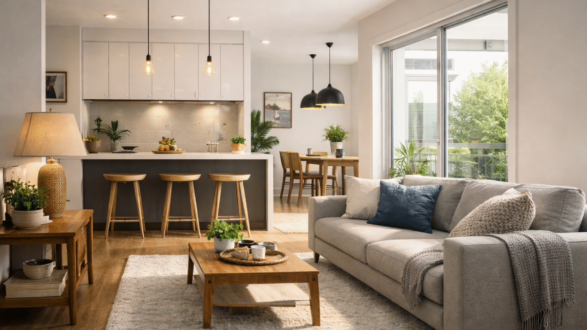 Salón con cocina abierta, iluminación y cristalera grande con jardín