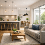 Salón con cocina abierta, iluminación y cristalera grande con jardín