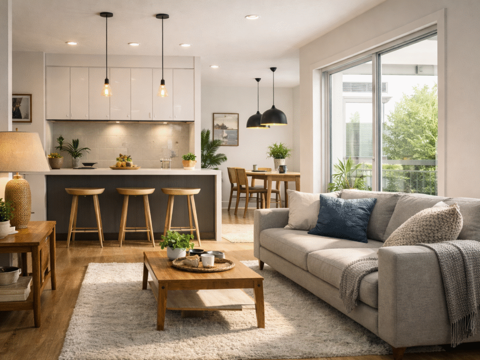 Salón con cocina abierta, iluminación y cristalera grande con jardín